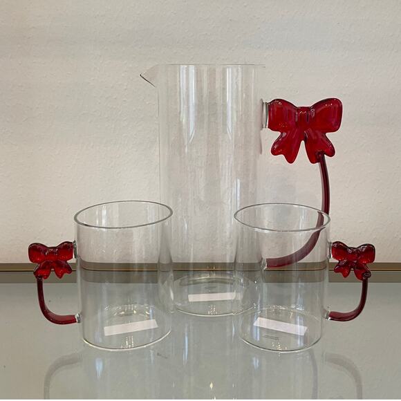 3pc Clear Glass Mugs & Pitcher with Coquette Red Bow Handle Holiday Glam NEW - Picture 1 of 16
